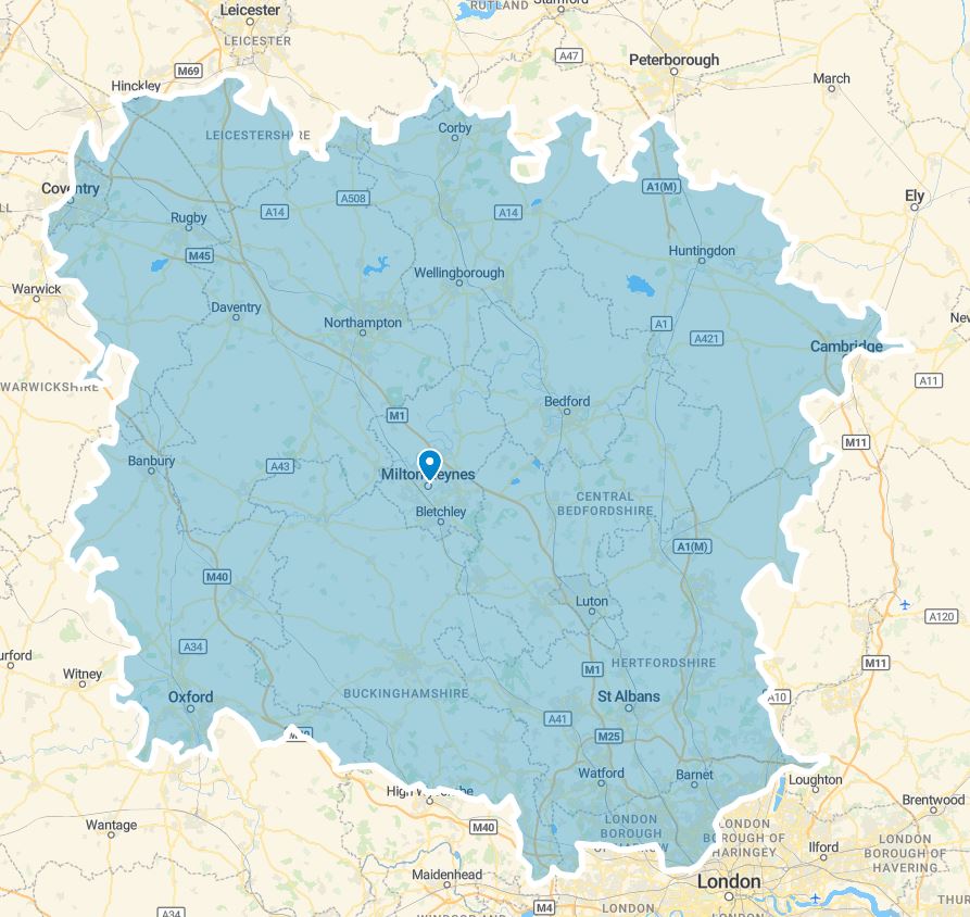 Map showing 1 hour driving radius from Milton Keynes